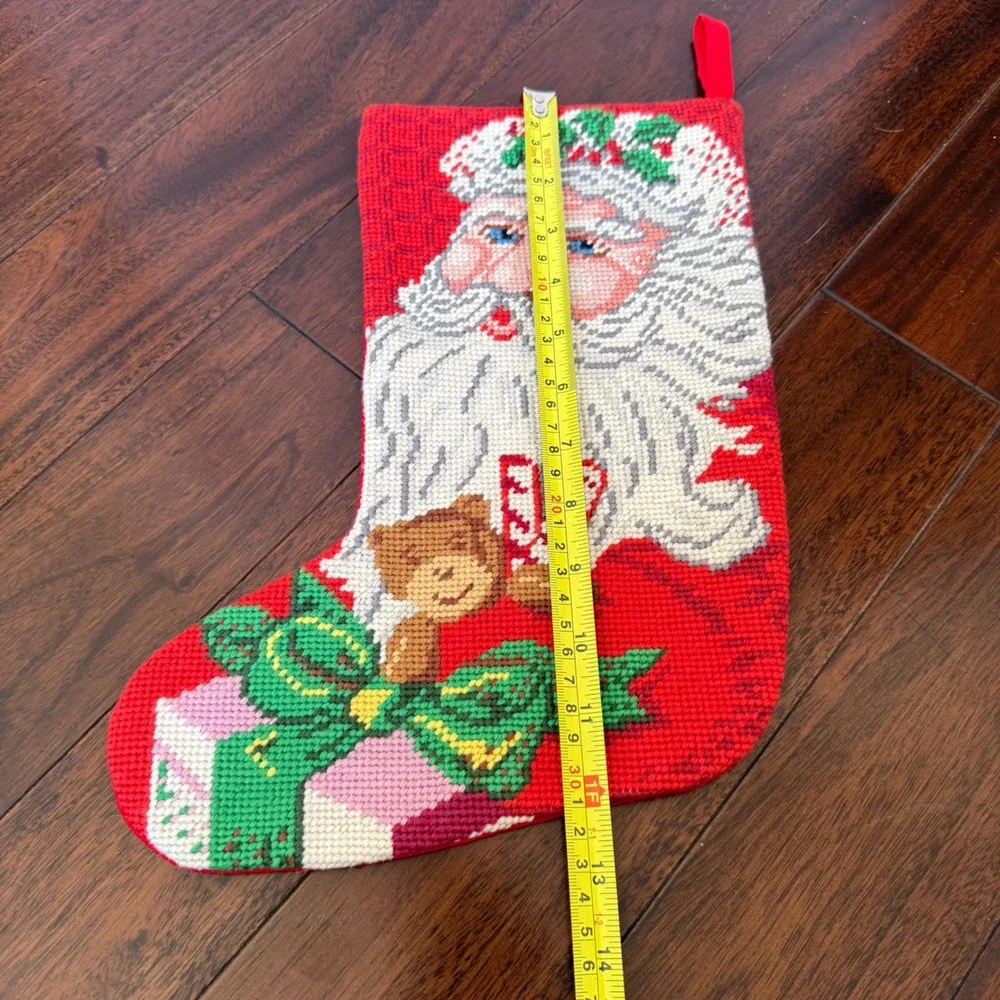 Vintage Needlepoint Christmas Stocking Santa Wool Handmade 14